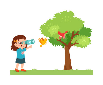 little kid use binocular to see bird fly