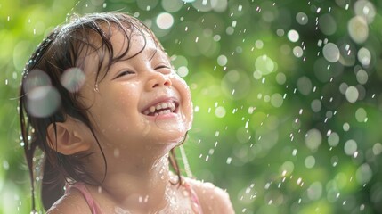A little girl with grassstained hair and a smile on her face is happily playing in the rain, enjoying the sunlight and surrounded by nature AIG50