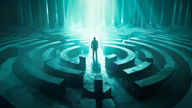A businessman standing in the middle of a maze, looking for a way out. Business challenges and solutions concept.