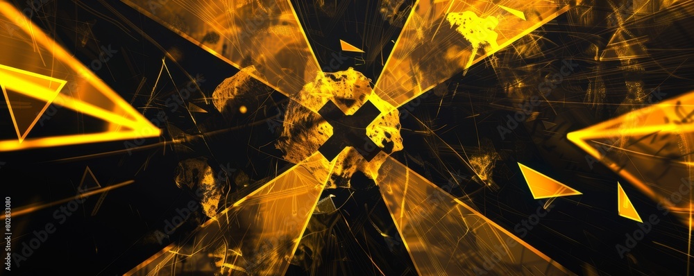 Poster dynamic abstract background featuring a glowing radiation symbol amidst explosive shards