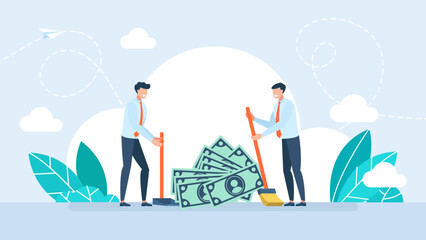 Two businessmen sweep money. Concept of wealth, shovel money, target, profitable business, profit. Metaphor. Tiny people, dollars, a broom, a scoop. Business and Finance. Vector illustration