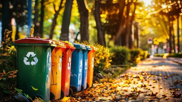 A line of colorful trash cans with the symbol for recycling on them in a city park in the morning