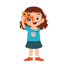 little kid holding camera and take photo