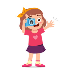 little kid holding camera and take photo