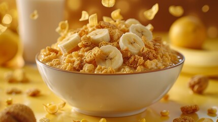 Healthy breakfast concept with banana and corn flakes