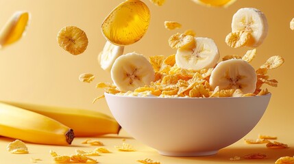 Healthy breakfast concept with banana and corn flakes