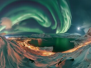 Captivating aurora borealis over a snowy coastal town with starry sky and moonlight.