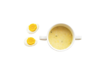 mashed eggs boil with rice healthy foods of baby eats arrangement flat lay style 