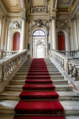 Obraz premium Impressive Grand Staircase with Ornate Architectural Details and Luxurious Red Velvet Runner in Elegant Palace or Mansion Entryway
