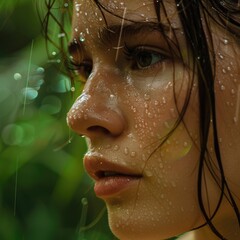 A closeup shot capturing the womans face with water drops on her nose, lips, chin, eyebrow, eyelash, and jaw. Her black hair contrasts beautifully with the green grass background AIG50