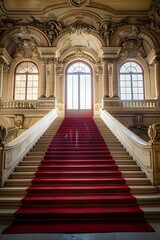 Obraz premium Magnificent Grand Entrance Staircase with Ornate Architectural Details and Red Velvet Runner