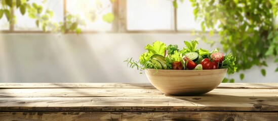 Fresh salad on a wooden table with empty space, set against a light background.