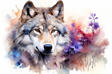 A Painting of a Wolf With Flowers in the Background