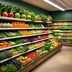 Aisle in convenience store displaying variety of fresh fruits and vegetables