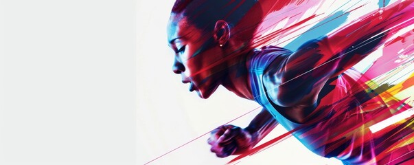 Dynamic racing woman in vivid motion, artistic representation of speed and focus