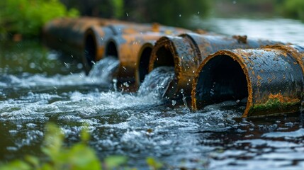 Sewage pipe discharging dirty water into the clean water of a river