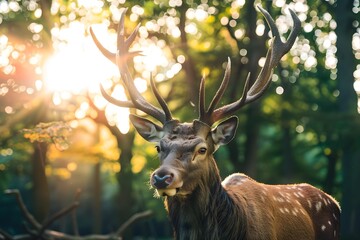 Majestic Stag with Magnificent Antlers Stands Proudly in Sun Dappled Forest Landscape