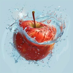 Apple being smashed by water splashes on light blue background