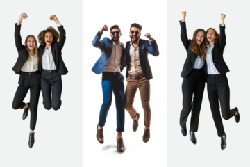 Joyful businesspeople celebrating success with a jumping pose on transparent background