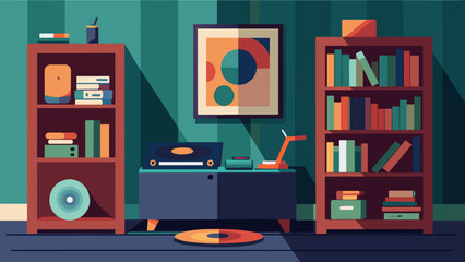 In the corner of the room a record player stands next to a small bookcase filled with music books and magazines showing the producers passion for all Vector illustration