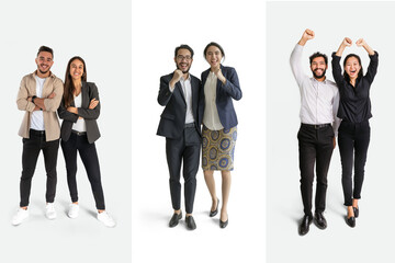 Group of joyful colleagues celebrating success in a studio on transparent background