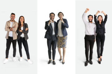 Group of joyful colleagues celebrating success in a studio on transparent background
