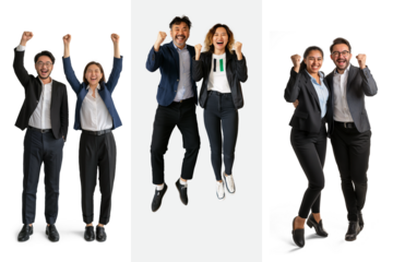 Group of diverse business professionals celebrating success on transparent background
