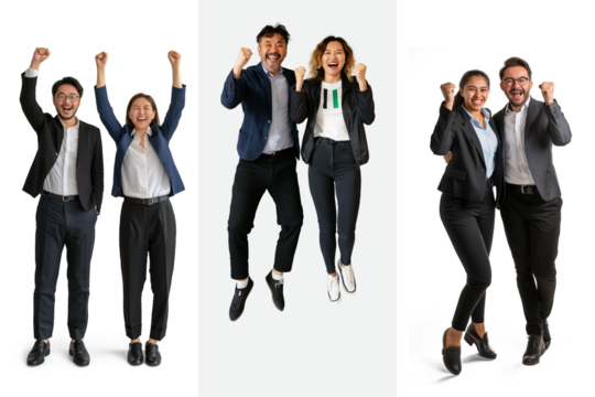 Group of diverse business professionals celebrating success on transparent background