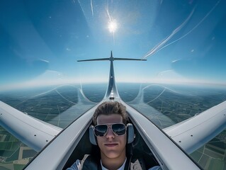 A pilots first-person view from a glider soaring high above the earth, showcasing clear skies and vast landscape.