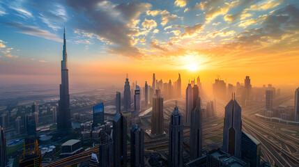 Golden Dusk over Sprawling Cityscape: An Aerial View into Urban Architectural Charm