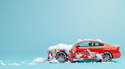 red modern car in foam on a car wash on a blue background with copy space. car care banner with place for text. no people. no body