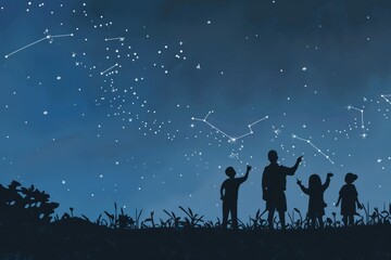 Cartoon cute doodles of a family silhouette stargazing on a clear night, with each member pointing out constellations in the sky, Generative AI