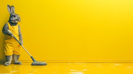 Surreal of a Bunny Janitor Mopping a Bright Yellow Floor