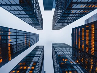 Looking up at towering skyscrapers converging into a misty sky, with illuminated windows piercing through the dusk.