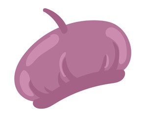 Purple beret in flat design. Traditional seasonal head accessory model. Vector illustration isolated.