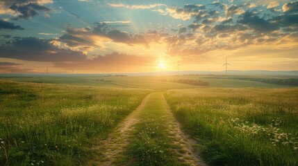 A path through a green meadow leads towards wind turbines on the horizon under a sunset sky, symbolizing renewable energy and sustainability