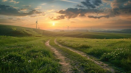 Obraz premium A path through a green meadow leads towards wind turbines on the horizon under a sunset sky, symbolizing renewable energy and sustainability