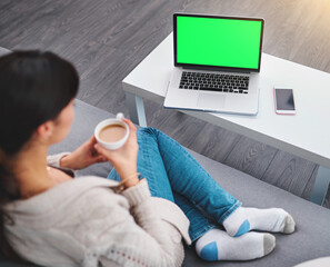 Laptop, coffee or girl with movie green screen to relax in lounge for online subscription, film or...