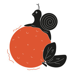 Vector t-shirt Print Design with Snail on the orange in trend Cordel Woodcut style. Doodle Trippy art with escargot isolated transparent background. Vector can used postcard, poster cover template.