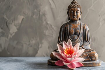 Buddha statue in meditation with lotus flower on light neutral background. Selective focus. Meditation, spiritual health, peace, searching zen concept