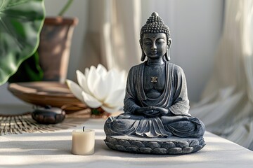 Buddha statue in meditation with lotus flower on light neutral background. Selective focus. Meditation, spiritual health, peace, searching zen concept