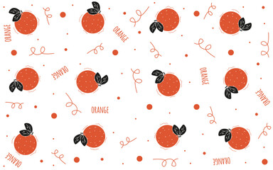 Vector seamless pattern with Doodle Woodcut orange isolated white background. Cordel style Hand Drawn apple ornament. Fruit Wall Print Design
