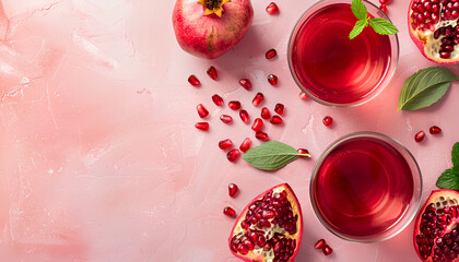 Board with glass of fresh pomegranate juice on colorful background