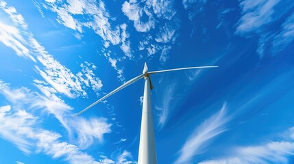 Bottom up view of a wind turbine against a beautiful blue sky, clean energy, technology and innovation