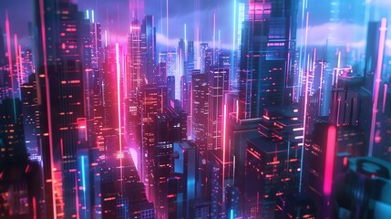 A cyberpunk city with neon lights. The city is full of skyscrapers and the streets are filled with people.