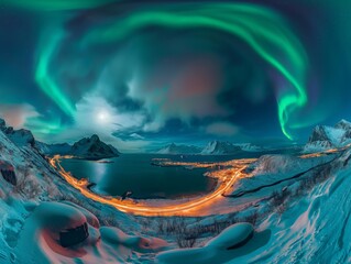 Panoramic view of vibrant aurora borealis swirling in the night sky above a winter coastline with illuminated roads.