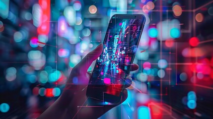 Modern digital art collage features hand holding smartphone, representing social media, application development, and technology concepts.