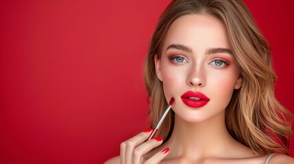 Portrait of a beautiful woman doing makeup on a red background
