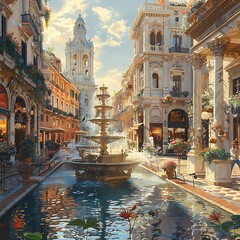 A beautiful Baroque fountain in a bustling square, its waters dancing in the sunlight, surrounded...