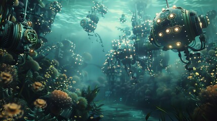 An ancient alien underwater city. Bioluminescent plants light the ruins. The city is in disrepair, but it is still majestic.